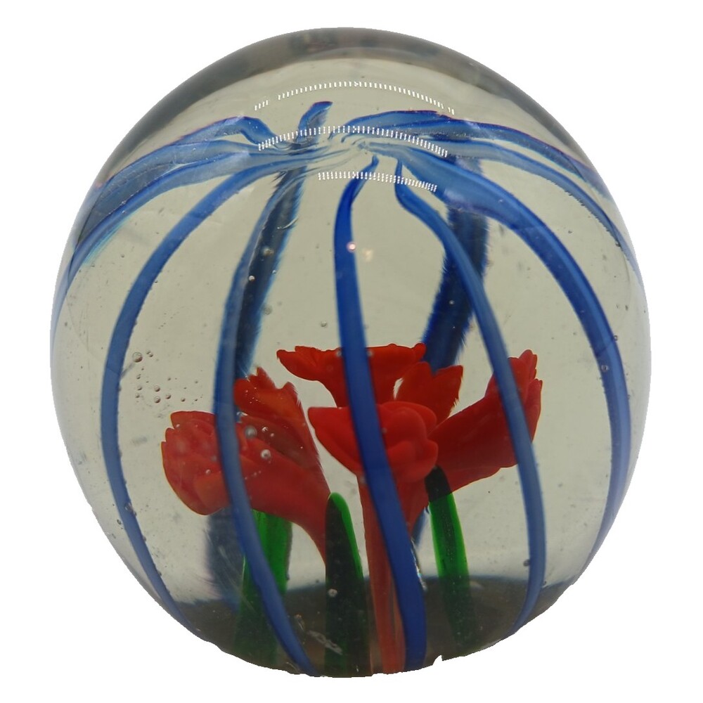 Orange Flower w/Blue Swirls in Clear Glass Round Art Glass Paperweight w Bubbles
